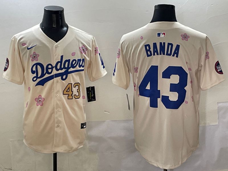 Men Los Angeles Dodgers #43 Banda Cream White Blue Sakura Edition 2025 Nike MLB Jersey style 2